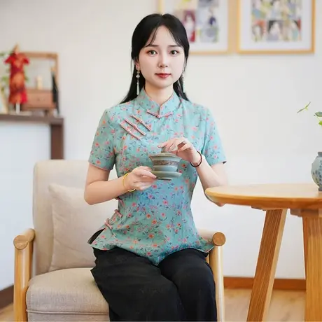 筠雅夏季新款唐装小上衣女新中式国风改良复古女士斜襟短袖35J127商品大图