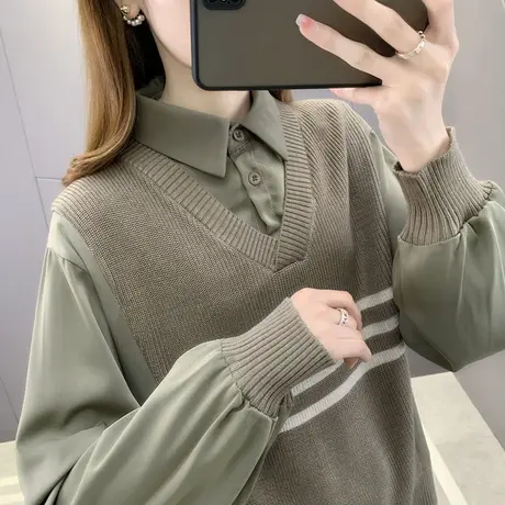 冬装假两件女士毛衣女冬季2023年新款爆款时尚洋气秋冬打底针织衫商品大图