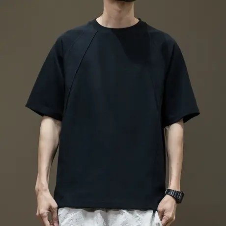 肌理感拼接纯色基础款短袖T恤男凉感2025夏季新款宽松大码体恤衫商品大图