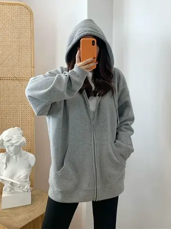 胖mm设计感大码bf慵懒风带帽卫衣女秋拉链加绒加厚外套潮ins上衣商品大图