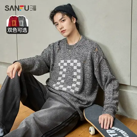 三福2023冬男士街头潮流字母破洞毛衣 宽松圆领上衣男476030商品大图