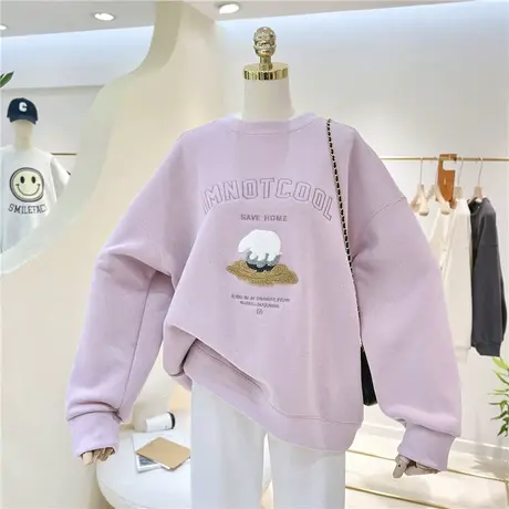 2022冬季加绒加厚保暖植绒毛线图案宽松大码圆领套头卫衣女外套潮商品大图