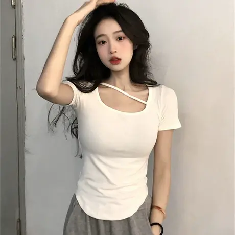 设计感小众不规则短袖T恤女夏季ins潮辣妹短款高腰修身正肩上衣服商品大图