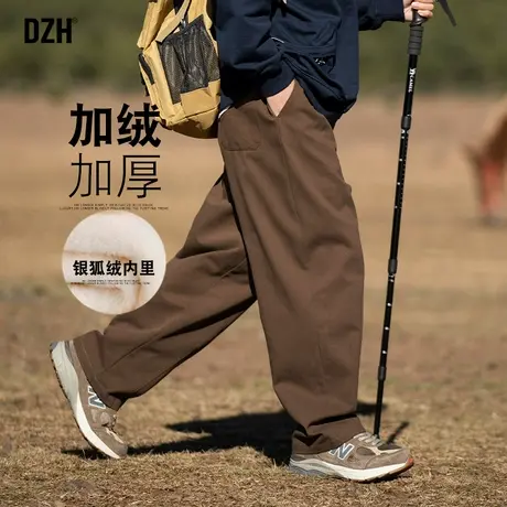 男士加绒裤美式咖啡色裤子男冬季加绒加厚休闲裤工装裤宽松阔腿裤商品大图