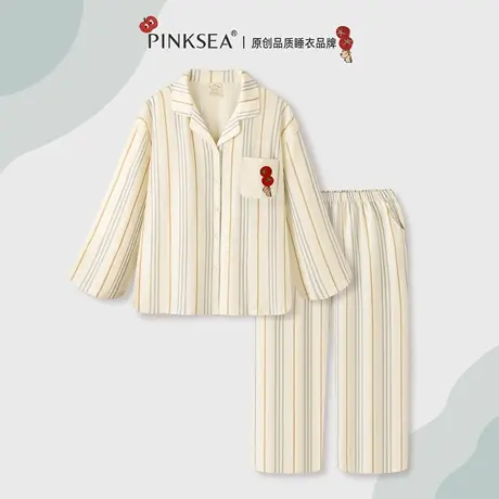 女士睡衣2025新款纯棉长袖条纹家居服可爱卡通柔软大码开衫套装女商品大图