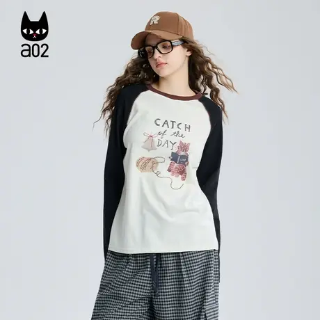 a02黑猫系列宽松圆领长袖T恤女2025新款秋季插肩袖打底衫通勤上衣商品大图