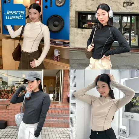 KV真维斯半高领打底衫女2025新款秋冬季爆款青少年修身长袖t恤女商品大图