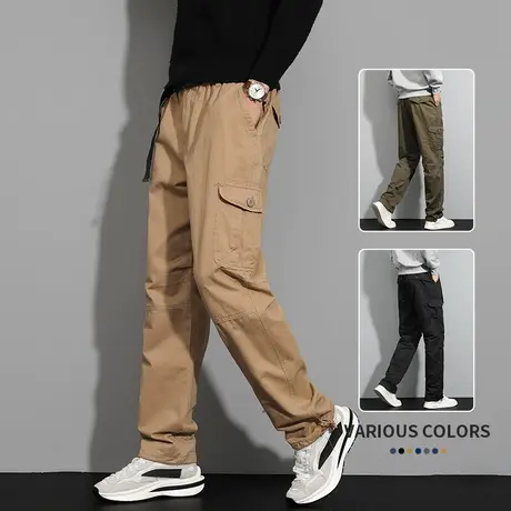 卡其色工装裤秋冬男士多口袋大码长裤中老年爸爸冬季宽松直筒裤子商品大图