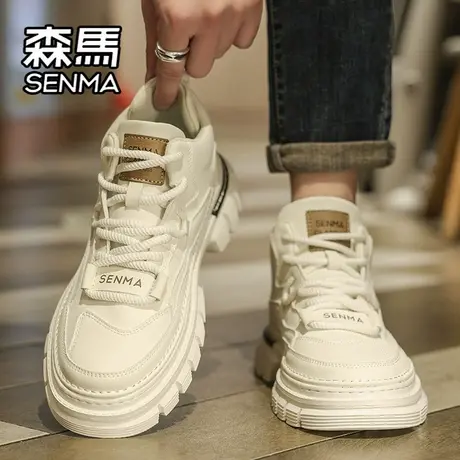 森马高帮男鞋秋季百搭运动休闲工装板鞋真皮防水厚底白色马丁靴子商品大图