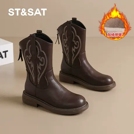 St&Sat/星期六刺绣西部牛仔靴女款冬季加绒复古骑士马丁靴中筒靴商品大图