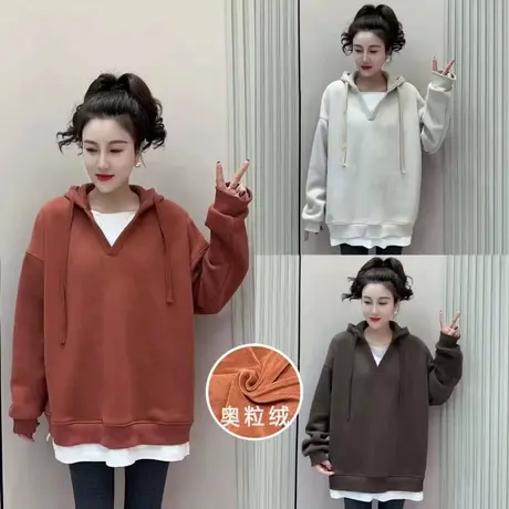 纯色奥粒绒连帽假两件卫衣时尚百搭秋冬休闲大码宽松加厚洋气上衣商品大图