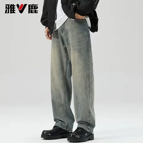 雅鹿男宽松直筒牛仔裤2026春夏新款水洗磨白港风潮牌复古休闲长裤商品大图