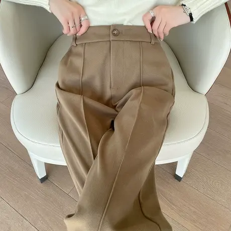 卡其毛呢烟管裤女秋冬新款高腰显瘦宽松阔腿小个子九分休闲直筒裤商品大图