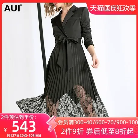 黑色职业设计感拼接蕾丝西装女秋2022新款不规则中长款百褶外套潮图片