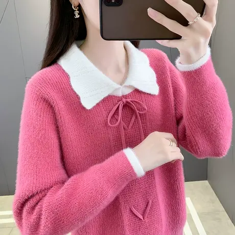 毛衣女款2023新款娃娃领假两件上衣女士秋冬季水貂绒针织打底衫潮图片