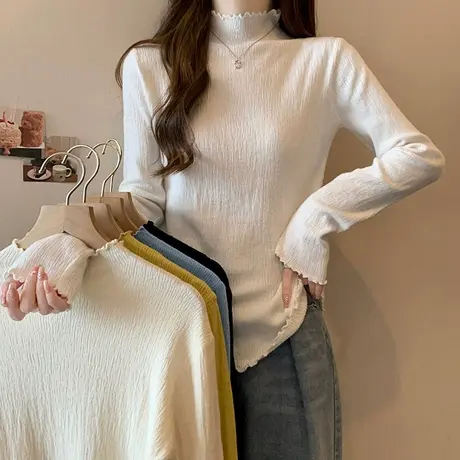 木耳边半高领针织衫长袖女秋冬季韩版百搭修身显瘦保暖上衣ins潮商品大图