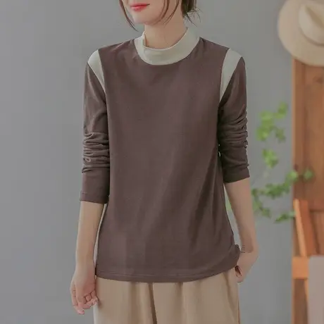 dza 复古拼接撞色高领打底衫女春秋内搭长袖上衣宽松休闲女装T恤商品大图