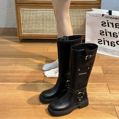 英伦风长筒靴女2023年春秋季新款网红小众设计感瘦瘦靴粗跟骑士靴图片