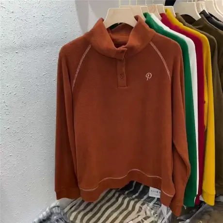 欧货立领纽扣刺绣明线拼接双面德绒上衣女2023秋冬新款保暖打底衫图片