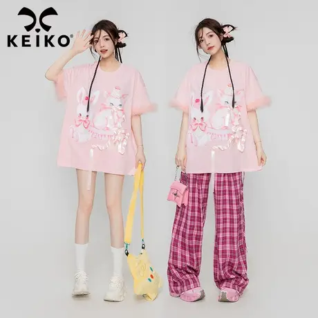 多巴胺穿搭樱花粉短袖t恤女长款夏季温柔少女感印花oversize上衣图片