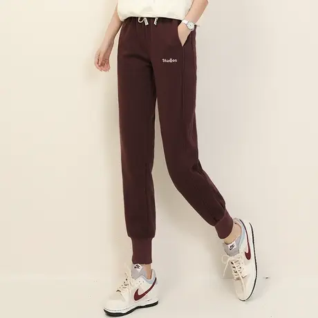 新品8.5折】松紧腰刺绣加绒束脚运动裤女哈伦休闲卫裤子图片