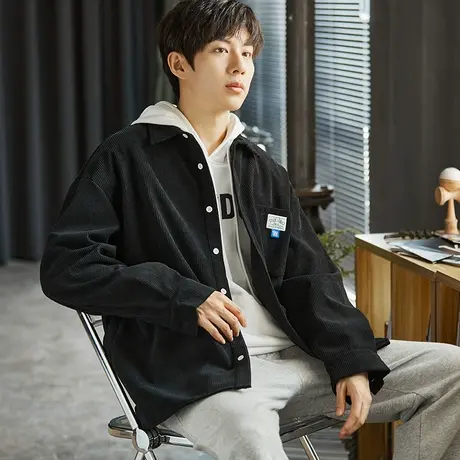 唐狮灯芯绒衬衫男衬衣秋冬季保暖加绒长袖衬衫复古男士衬衣外套潮商品大图