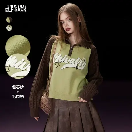 妖精的口袋短款半拉链毛衣女2023冬季新款美式复古拼接插肩袖上衣商品大图