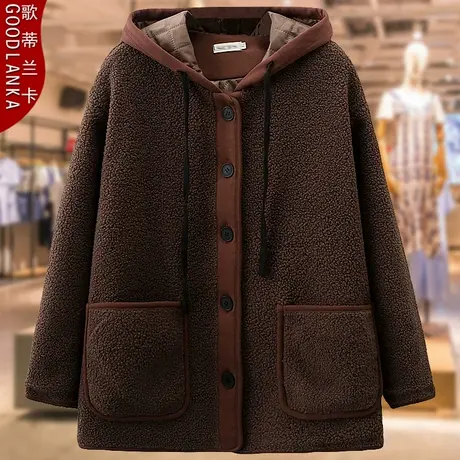 加肥加大码中年妈妈加厚羊羔绒外套宽松时尚连帽撞色棉衣女200斤商品大图