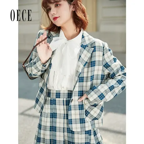 【买1送1】Oece格纹小西装春秋秋新款女文艺复古英伦格子西服外套商品大图