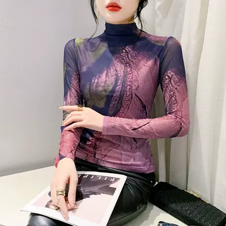 高领网纱T恤女长袖性感扎染印花个性百搭打底衫洋气修身时尚上衣商品大图