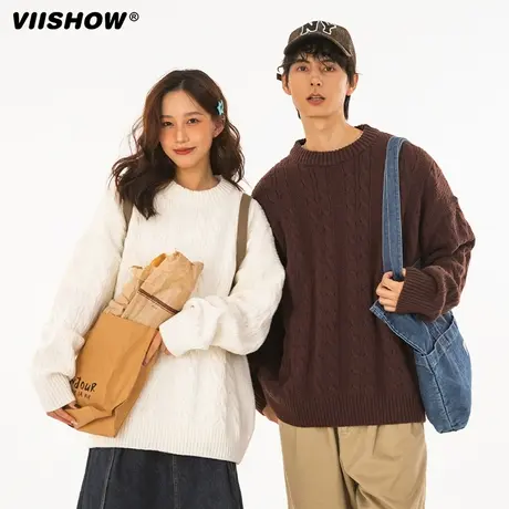 VIISHOW美式休闲绞花设计圆领毛衣秋冬针织衫冬季休闲宽松毛衫男商品大图