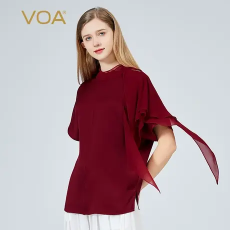 VOA40姆米双面缎桑蚕丝红色立领荷叶边短袖舒适爽滑宽松真丝T恤图片
