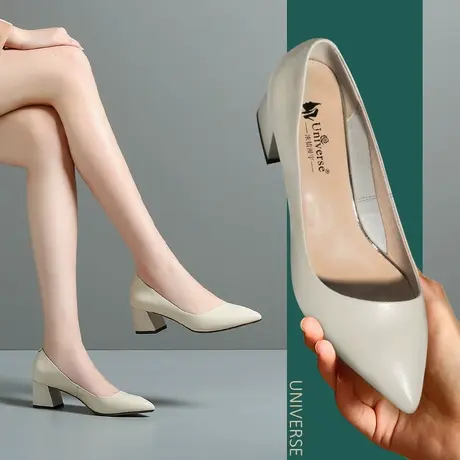 真皮软面女粗跟浅口尖头女鞋百搭小皮鞋女时尚复古单鞋小香风商品大图