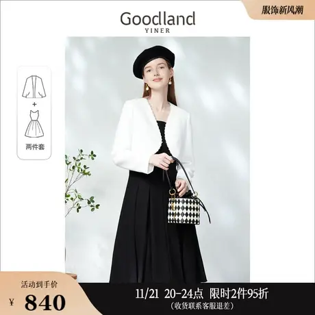 Goodland美地女装2023春季方领赫本风短外套背心连衣裙两件套图片
