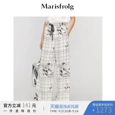 玛丝菲尔2022夏季新款格纹小提花复古花朵印花阔腿休闲裤女商品大图