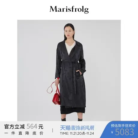 玛丝菲尔2022秋季新款抽绳高级感刺绣收腰气质黑色长款风衣商品大图