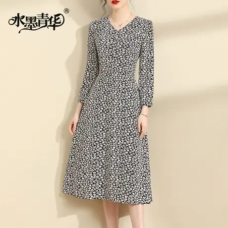 【1件7.9折】时尚打底连衣裙春季新款百搭收腰显瘦中长款印花裙子图片