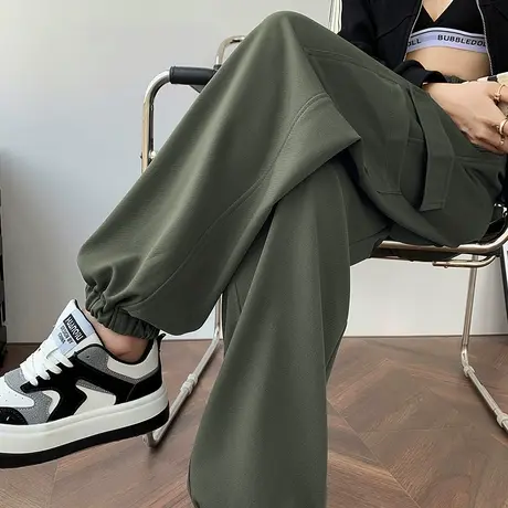 束脚阔腿工装裤女春秋季2023新款高腰垂感显瘦直筒灯笼哈伦运动裤商品大图