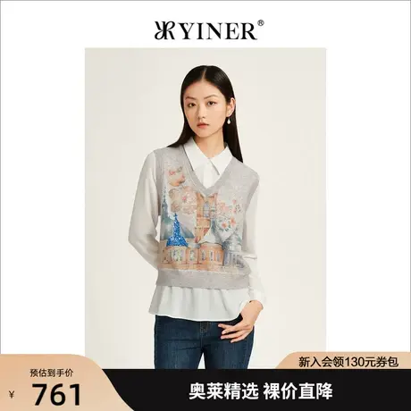YINER音儿女装2022秋季新款假两件上衣亮片毛针织衫商品大图