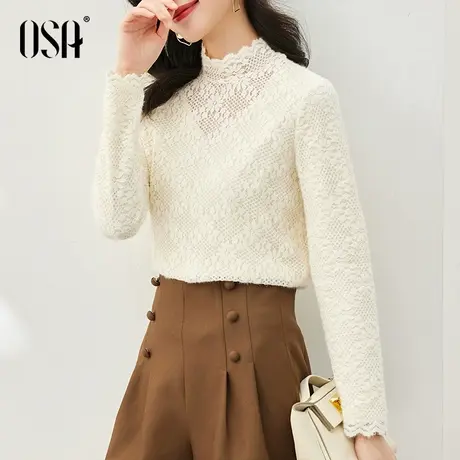 OSA欧莎女士半高领加绒磨毛镂空蕾丝打底衫上衣秋冬季2023年新款商品大图