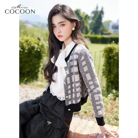 missCOCOON法式小香风针织开衫女2023新款春季复古格子羊毛短外套商品大图