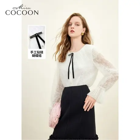 MISSCOCOON优雅浪漫2023冬装新款女蝴蝶结绒感刺绣荷叶边网纱衬衫商品大图