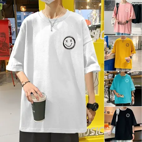短袖t恤男夏季2024新款港风宽松圆领笑脸印花衣服潮ins休闲体恤衫商品大图