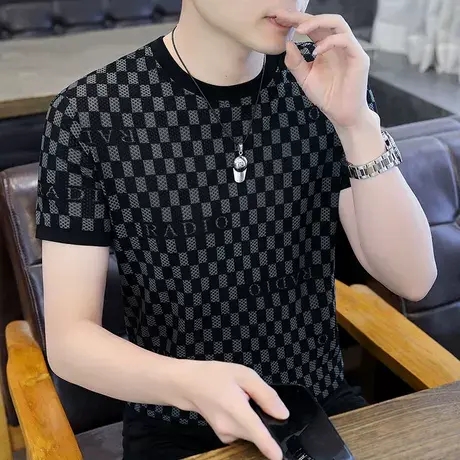 冰丝短袖t恤男夏季高端欧货男款圆领上衣镂空网眼格子半袖体恤薄T图片