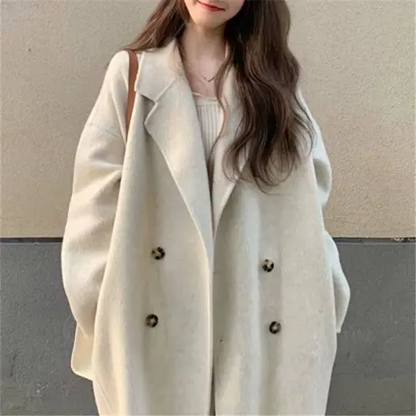 秋冬休闲长毛双面羊绒大衣女翻领毛呢外套双排扣100%澳洲羊毛大衣商品大图