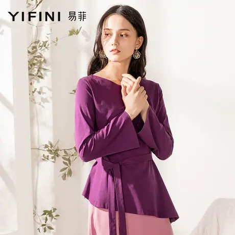 Yifini/易菲针织衫春夏新款长袖圆领收腰显瘦上衣套头衫薄款商品大图