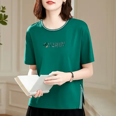 纯棉宽松t恤女夏装2023年新款洋气中年妈妈开叉下摆圆领体恤上衣商品大图