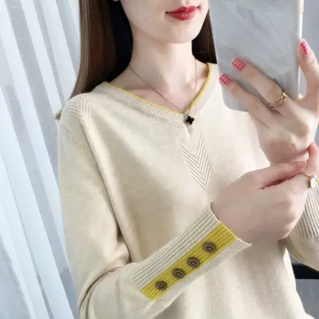 V领套头2023秋季新款韩版拼色针织衫宽松短款毛衣二八月软糯上衣图片