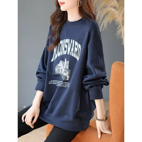 宝诗黎圆领字母印花大码宽松上衣女秋季2023新款休闲棉质落肩卫衣商品大图