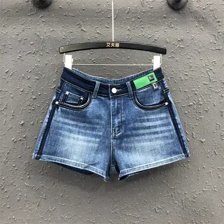欧货时尚洋气撞色蓝色牛仔短裤女2023夏天休闲百搭贴标显瘦阔腿裤商品大图